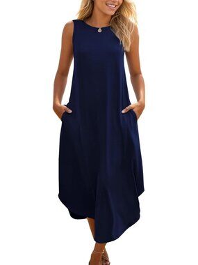 Women's Navy Blue Casual Summer Sleeveless Dress Beach Sundress Split Long Dress